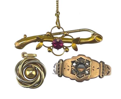 Including a broken chain, a ring with 5 tiny diamonds (two missing stones) a bar brooch and a pendant, 6.8g.