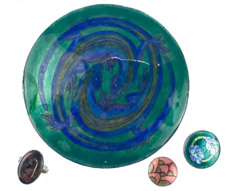 Alice Waymouth A silver and enamel ring, a small enamelled button, a large enamelled copper disc decorated with lizards 102mm