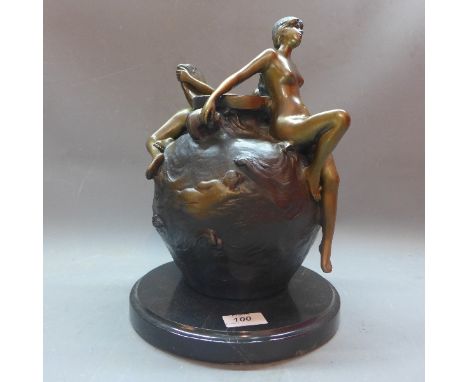 After Emmanuel Villanis, a bronze study of nudes signed to base raised on marble plinth. H-30cm 