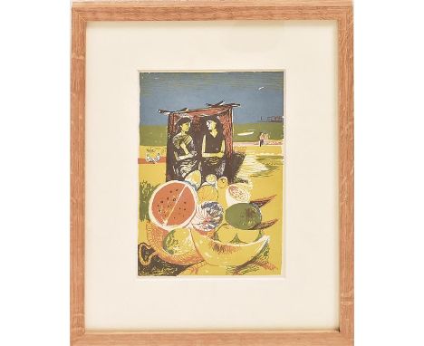 John Minton Lithograph 1948 Corsican Fruit Seller. H: 37cm W: 30cm