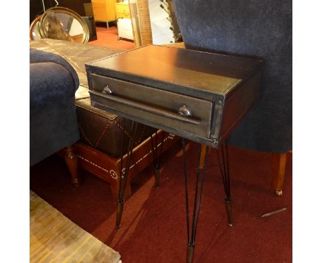 A pair of industrial lamp tables with single drawer, raised on hair pin legs. H-69cm, W-41cm, D-31cm