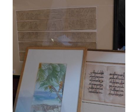 A selection of Indian drawings on tree bank, together with an Islamic manuscript and one other watercolour, signed.