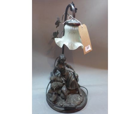 A 20th Century resin lamp in the form of a lady sitting on hay with some geese.