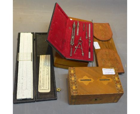 Miscellanea, to include inlaid box, B.R.L. slide rule, architect's drafting set, inlaid shelf etc