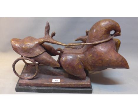 A bronze Botero style horse and cart with female passenger. 89cm X 53cm 