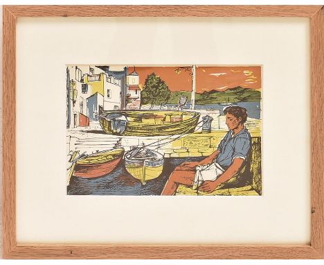 John Minton Lithograph 1948 Coriscan Fishing Village. H: 30cm W: 37cm