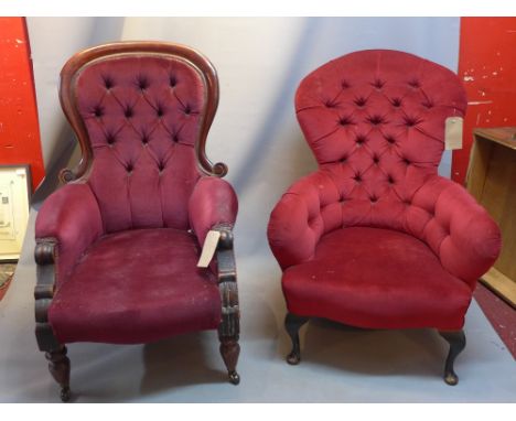 A Victorian mahogany spoon back arm chair with burgandy velour button back upholstery raised on turned legs and castors, toge