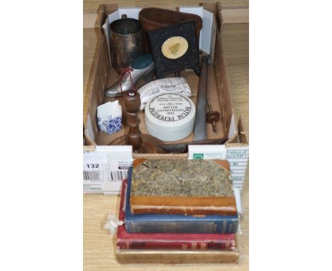 A quantity of mixed collectables including a Scottish laburnum candlestick, a leather cased pair of binoculars, a faux marine