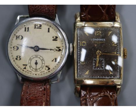A gentleman's 10k filled Longines manual wind wrist watch with brown rectangular dial and one other wrist watch.