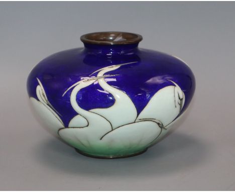 A Japanese musen and moriage enamel 'egrets' vase height 14cm