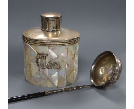 A late Victorian silver mounted mother of pearl oval tea caddy, Saunders &amp; Shepherd, London 1896 and a Georgian toddy lad