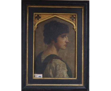 Follower of Lord Leighton, profile head and shoulder portrait of a young man, oil on canvas laid on board, in painted and gil