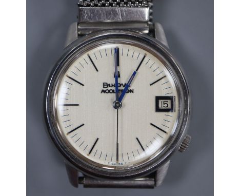 A gentleman's stainless steel Bulova Accutron date manual wind wrist watch, on expanding mesh strap.