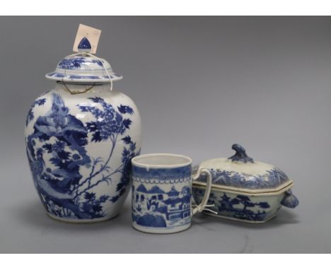 A Nanking blue and white tureen, a Chinese blue and white inverted pyriform vase and cover, Kangxi mark (a.f) and a blue and 