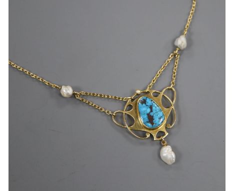 An early 20th century Art Nouveau 15ct, turquoise and baroque pearl set pendant necklace by Murrle Bennett &amp; Co, pendant 