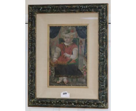Cusco School, oil on canvas, Portrait of a seated woman with a basket of fruit, 34 x 22cm