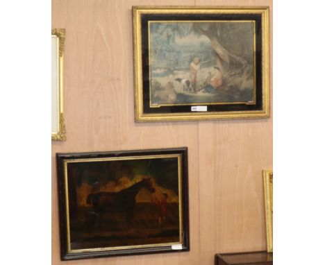 After Morland, coloured engraving, Shepherd and flock, 40 x 53cm and a reverse print on glass Portrait of a racehorse, 'Firet