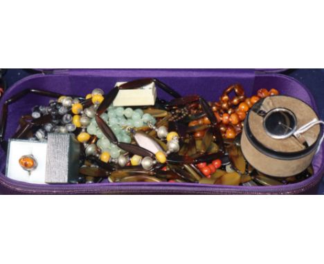 A lady's Georg Jensen stainless steel bangle watch, no. 227, a pair of 9ct cameo ear clips and a group of assorted necklaces 