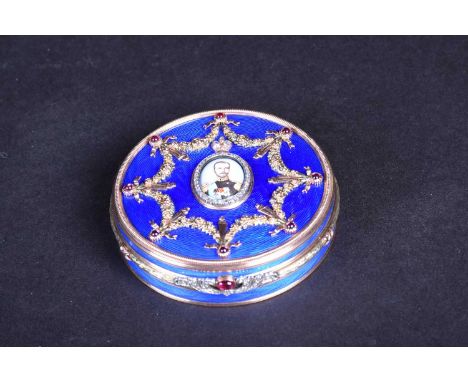 A Russian 14ct gold gem set box, the blue enamel lid applied with tricolour gold floral garlands tied by ribbons terminating 