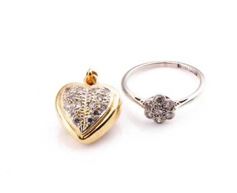 An 18ct yellow gold and diamond heart-shaped pendant, together with an 18ct white gold and platinum diamond cluster ring, siz