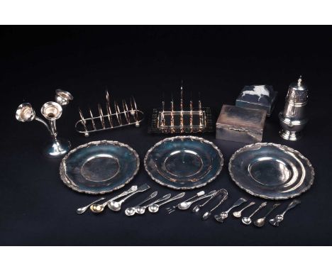 A mixed group of silver items, comprising three dishes, (marked 'Silver'), 18 cm diameter, assorted flatware, two boxes and a