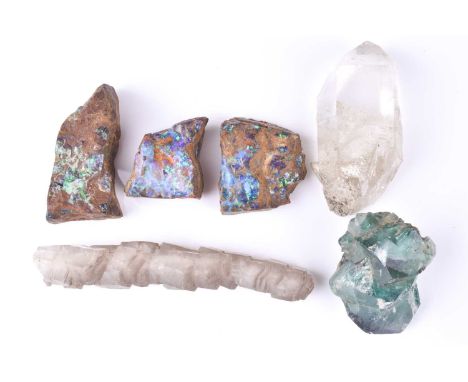 Three rough boulder opal fragments, largest approximately 4 x 1.8 cm, together with a white quartz fragment, a cubed crystal 