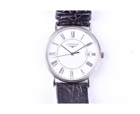 A Longines stainless steel quartz wristwatch, the white dial with black Roman numerals, and date aperture, 33 mm case.Conditi