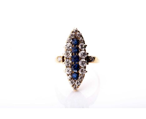 A late Victorian diamond and sapphire ring, the elongated marquise-shaped mount centred with a row of round-cut blue sapphire