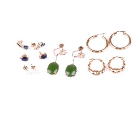 A pair of yellow metal and jade drop earrings, marked 14K, together with two pairs of yellow metal hoop earrings, marked 375,