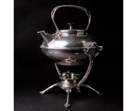 An arts & crafts silver plated spirit kettle on stand, by WAH Benson, with rare three light burner, the kettle base and feet 