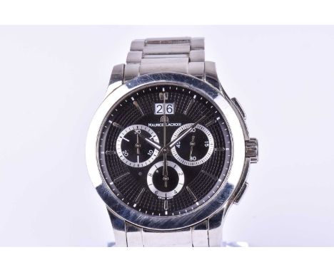 A Maurice Lacroix stainless steel chronograph wristwatch, the circular engine turned black dial with baton shaped indices and