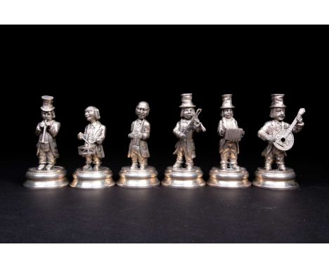 A set of six Spanish silver musician figures, 20th century, playing a variety of instruments, on raised circular bases, struc