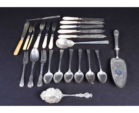 A matched set of six George III silver dessert spoons, various dates and makers, together with further items of silver and si