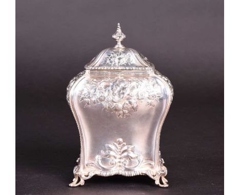 A George III silver tea caddy, London 1766 by Edward Aldridge, of typical shouldered form with repoussé foliate decoration, o