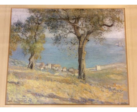 Framed, indistinctly signed, dated 1929, Impressionist pastel on paper, coastal landscape, with houses and trees on hillside,