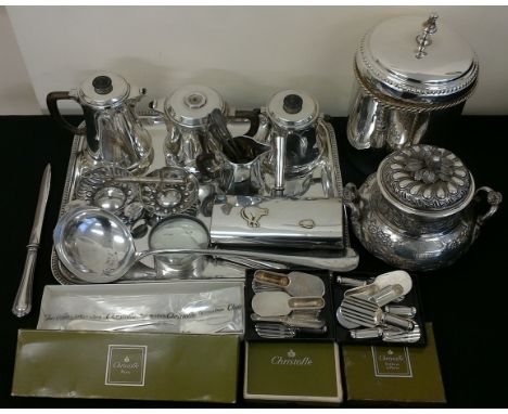 A collection of silver plated items to include Christofle spoons and knife rests, a jam pot, a crumb scoop, a magnifying glas