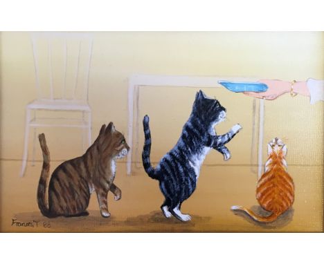 Five cat pictures and an oil of wooded stream including an oil on canvas signed Frances T 88 of three cats, limited edition n