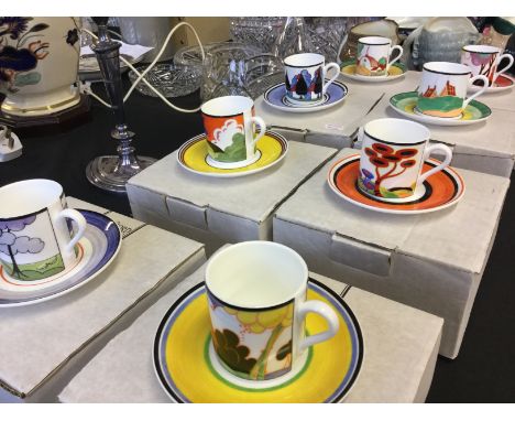 Eight 'Coffee with Clarice' Clarice Cliff style cups and saucers including May Avenue, Summer House.
