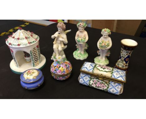 A lot to include three Continental cherub figures, small Herend box, Sevres hinged box, Coalport pastel burner, Schwaz miniat