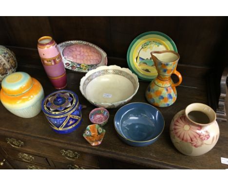 A selection of assorted ceramics to include; Clarice Cliff Bizarre plate with house on hillside design, Crown Ducal Charlotte