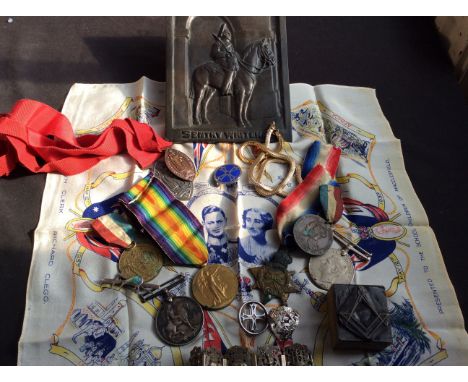 A lot to include WW1 star trio group to 11941 Pte C. W. Page K. R. Rifle C, WW2 defence medal, George VI coronation handkerch