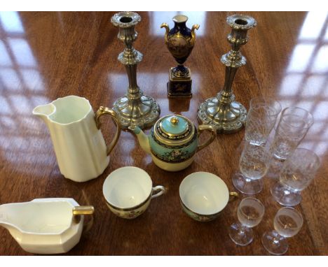 Two boxes containing various glass including vases, jug, decanter, glasses, together with a pair of silver candlesticks and v