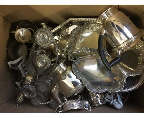 A box of various metalware including candlestick, tray, cups, teapots, bowl, cruet set etc.