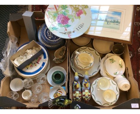 Two boxes containing teaware including Poole, Aynsley's, Wedgwood commemorative plates, glass bird ornaments etc.