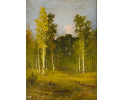 JAMES M. ROBERT GREENLEES (1820 - 1894) Framed, signed, Scottish oil on canvas, deer beneath trees on edge of woodland glade.