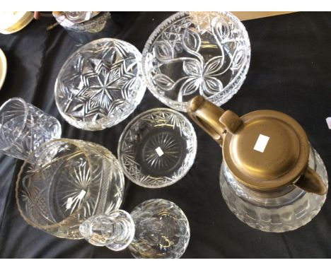 A collection of various cut glass including decanter, vase, four bowls and a brass topped jug inscribed 'Weihnachten 1954 A. 