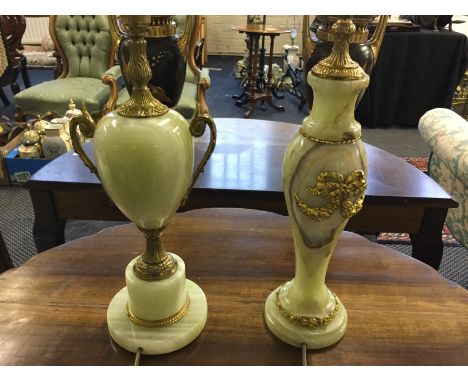 Two onyx lamp stamps with brass classical style decoration.