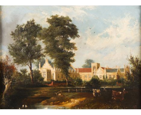 G. R. Framed, signed with initials, dated 1883, English School, oil on canvas, cattle grazing before country estate, 29.5cm x