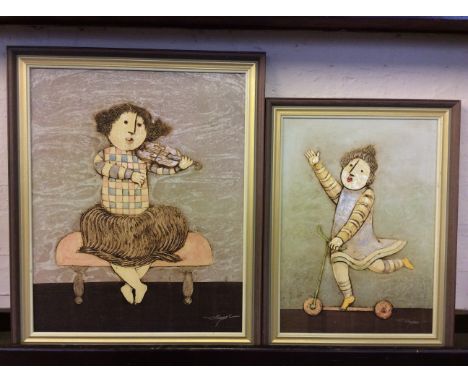 J. ROYBAL. Two framed, signed, oils on board, one showing a figure playing the violin, the other depicting a figure on a scoo