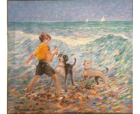 FREDERICK LAWRENCE. Framed, signed, Contemporary oil on canvas, young boy playing with two dogs in shallows on beach, togethe